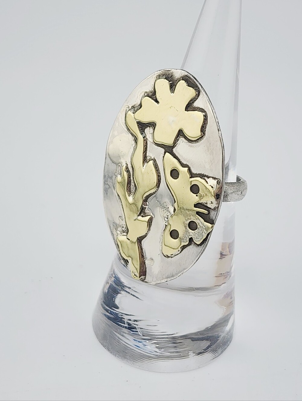 STERLING SILVER & BRASS BOTANICAL HANDMADE RING MIX METAL DESIGN SIZE 7